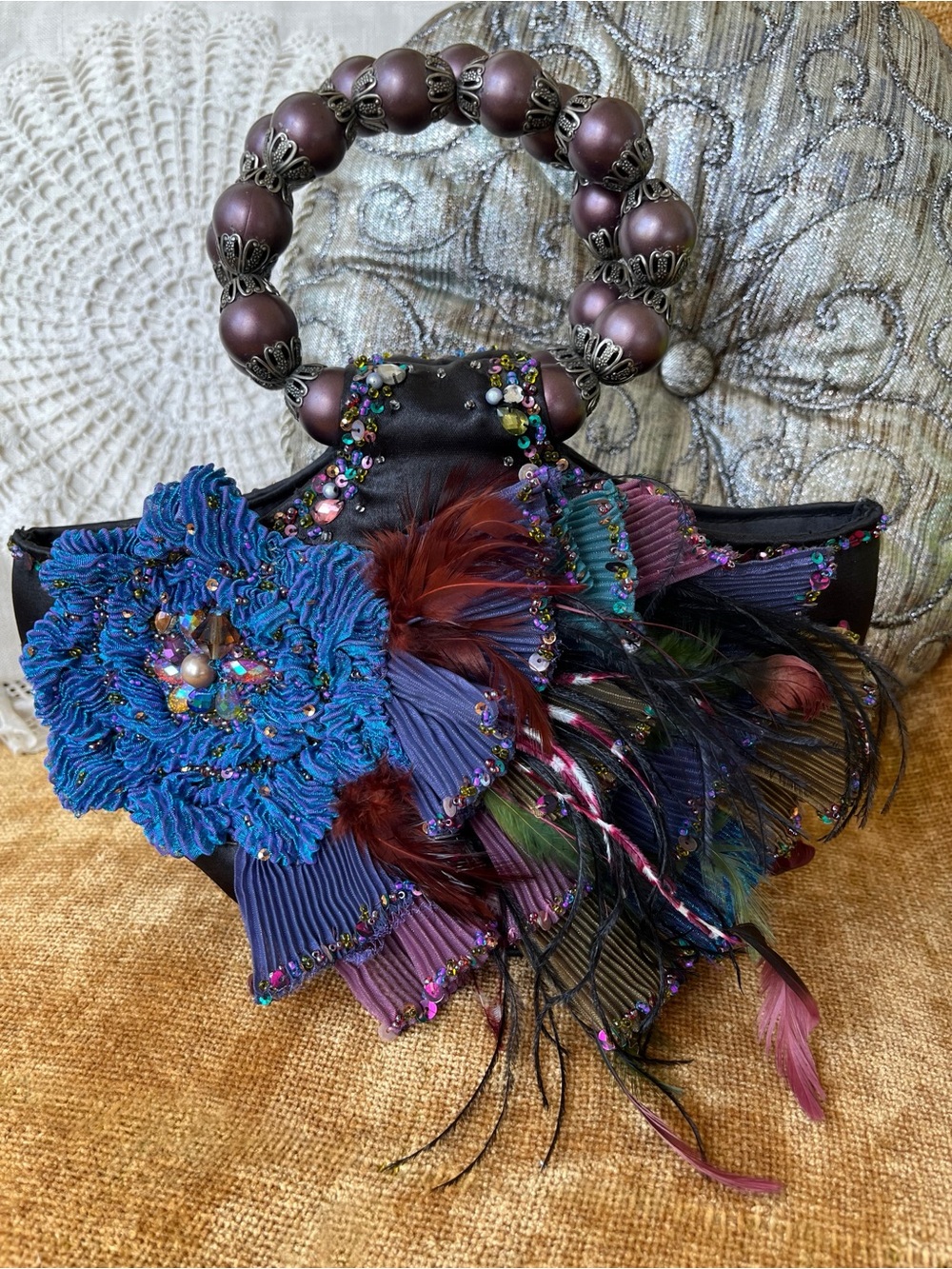 Mary Frances Vintage Blue Black Handbag Multicolor Floral, Feathers, beaded🦚